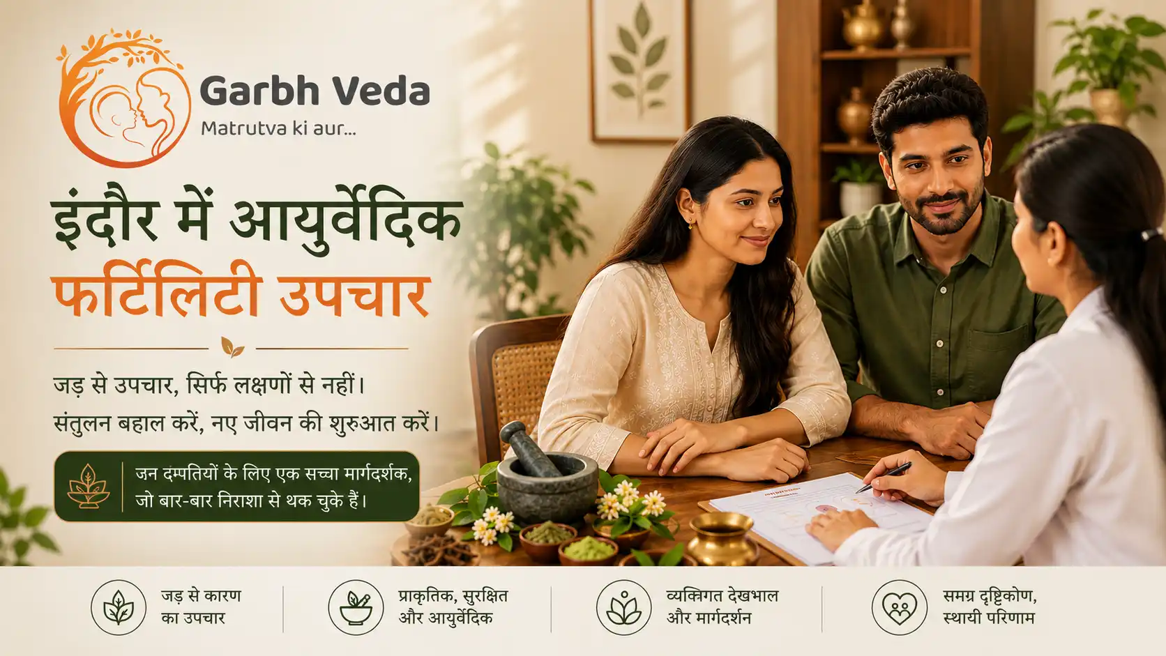इंदौर में आयुर्वेदिक फर्टिलिटी उपचार के लिए गर्भ वेदा में डॉक्टर से परामर्श लेते दंपत्ति